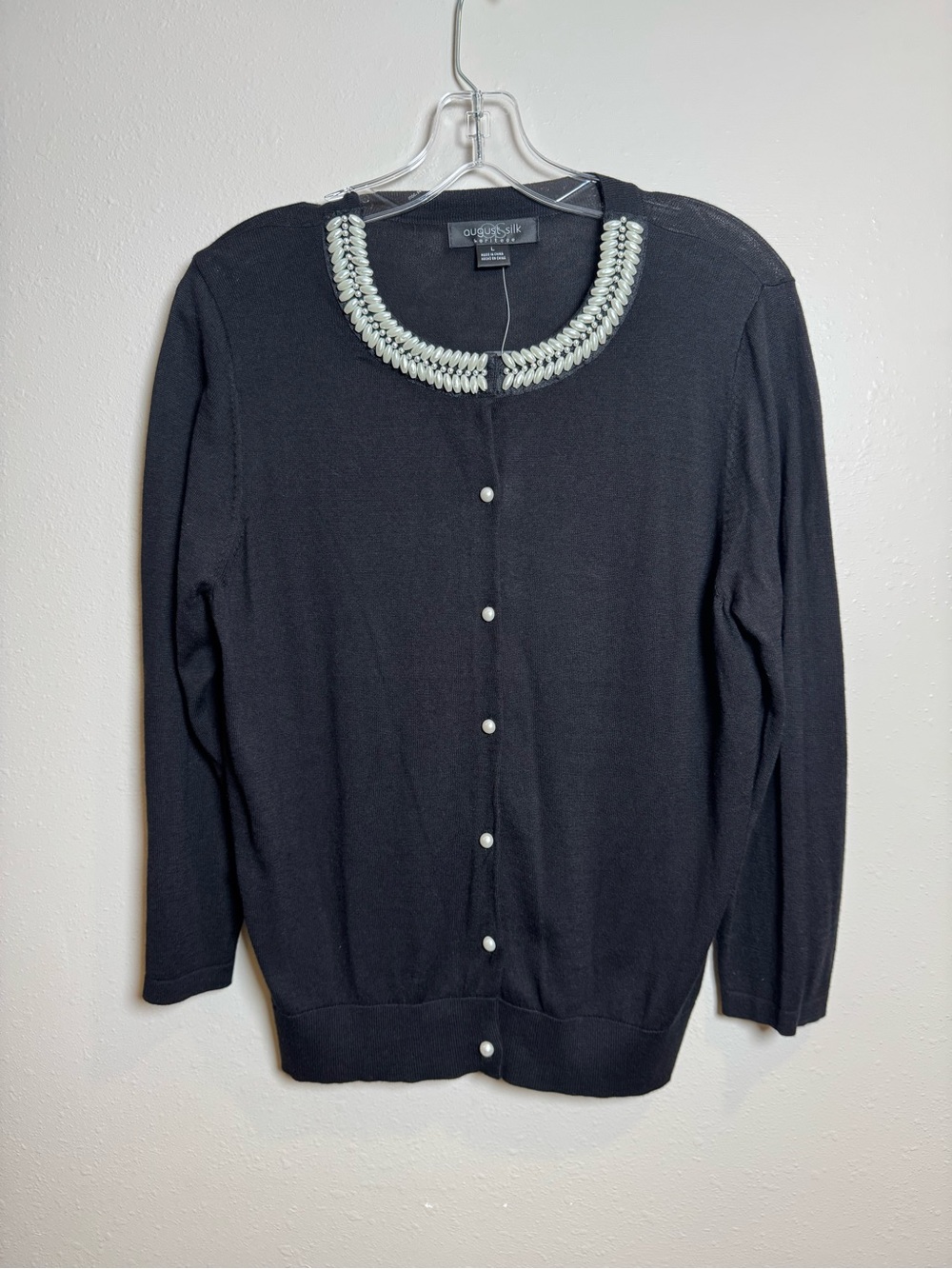 Classic Black Cardigan with Pearled Front and Beaded Neckline August Silk